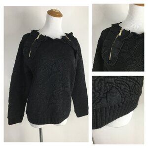 SFIZIO Italy Black Zip Pleated Applique Textured Long Sleeve Shirt